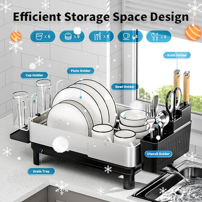 Ewaiira Dish Drying Rack, 304 Stainless Steel Dish Racks for Kitchen Counter, Dish Drainers with Automatic Drainage, Utensil Holder & Cups Holder, Space Saving Kitchen Organizer, Black 16.5''x12.6''
