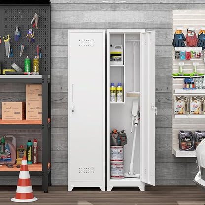 Broom Closet Storage Cabinet,65" H Slim Tool Cabinets with Locking Door and 2 Shelves,Utility Cabinet with Hanging Rod and Hooks for Home Office,White