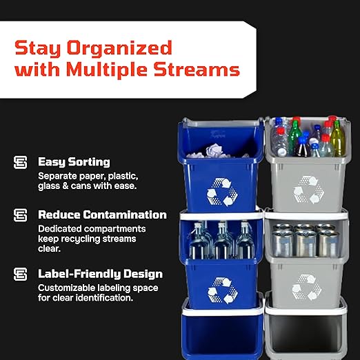 Multi Bin Recycling System with Three Stackable 6 Gallon Recycle Bins for Kitchen Use – Recycling Trash Can Set for Office, Garage, Businesses (3 Pack, Blue/Grey/Green)
