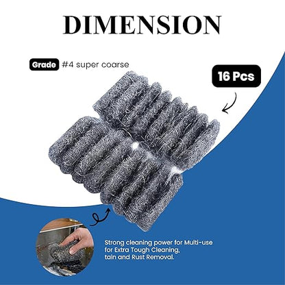 Steel Wool Grade # 4 - Super Coarse Grade - 16 Pads Multi-use for Extra Tough Cleaning, Stain and Rust Removal, Multi-Purpose (#4-16 Pads)