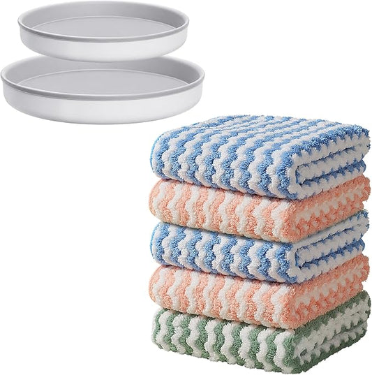 JOYMOOP Microfiber Cleaning Cloth, 5 PCS Kitchen Towels(10" x 10"), Absorbent Streak Free Lint Cleaning Cloths, Reusable and Washable Dish Rags with 12" and 10" Lazy Susan Organizer