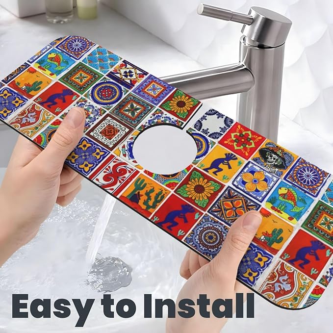 Mexican Tiles Multicolored Bright Colorful 15" X 5.5" Kitchen Sink Splash Guard Faucet Faucet Guard Draining Mat Sink Splash Guard Faucet Kitchen Bathroom