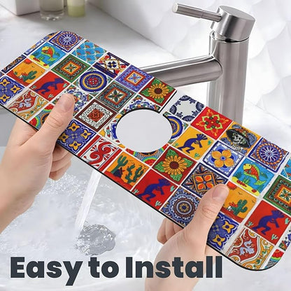 Mexican Tiles Multicolored Bright Colorful 15" X 5.5" Kitchen Sink Splash Guard Faucet Faucet Guard Draining Mat Sink Splash Guard Faucet Kitchen Bathroom