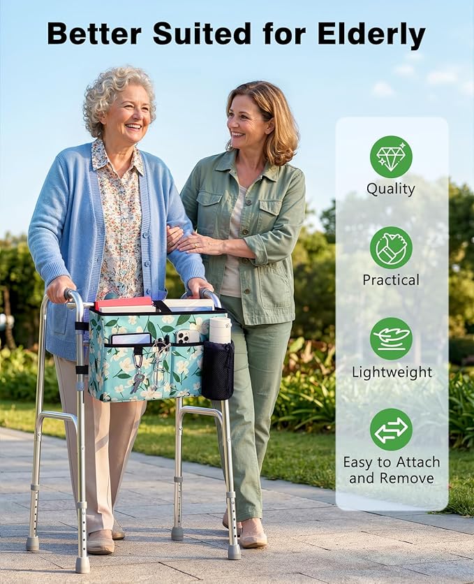 Rhino Valley Walker Bag, Secure Fit Walker Basket with Cup Holder, Large Capacity Foldable Walker Accessories for Seniors, Detachable Folding Walker Pouch Organizer for Older Elderly Gifts, Lily