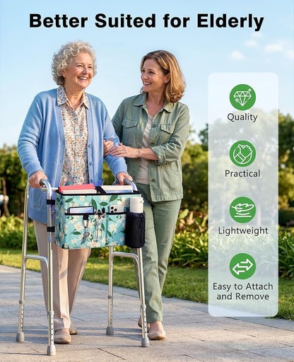 Rhino Valley Walker Bag, Secure Fit Walker Basket with Cup Holder, Large Capacity Foldable Walker Accessories for Seniors, Detachable Folding Walker Pouch Organizer for Older Elderly Gifts, Lily
