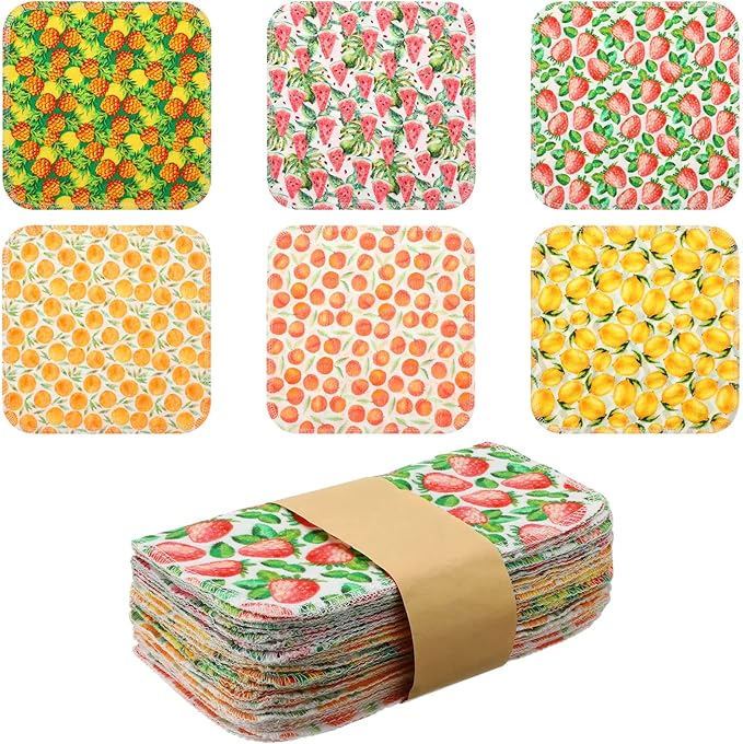 Kinlop 24 Pcs Summer Lunchbox Cloth Napkins Bulk Reusable 2 Ply 8" x 8" Fruit Flannel Style Wipes Washable Soft Cotton Sturdy Absorbent Cloth Placemats for Dining Home Party