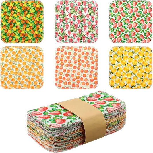Kinlop 24 Pcs Summer Lunchbox Cloth Napkins Bulk Reusable 2 Ply 8" x 8" Fruit Flannel Style Wipes Washable Soft Cotton Sturdy Absorbent Cloth Placemats for Dining Home Party