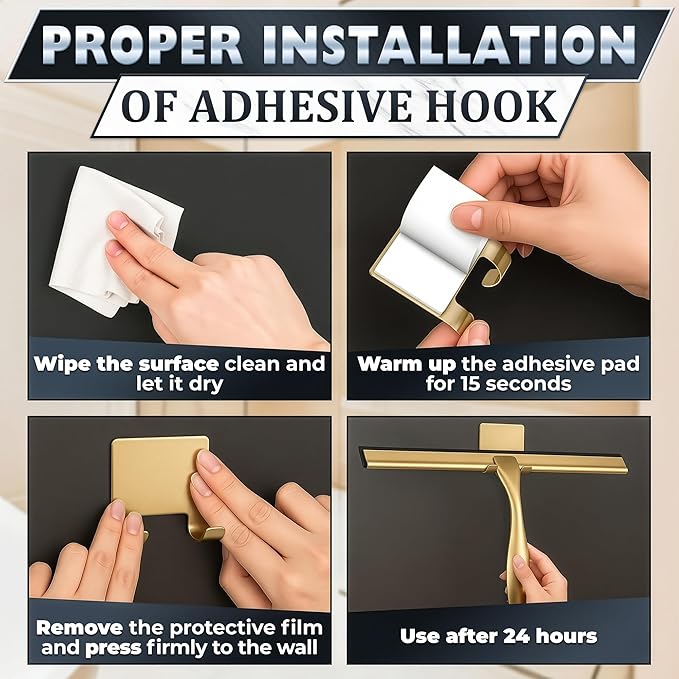 12 Inch Shower Door Squeegee - Gold Squeegee for Shower Glass with Stainless Steel Body, Silicone Blade, Adhesive & Hanging Hooks for Streak-Free Mirror, Tile, Window, Bathroom, Car, Everyday Home Use