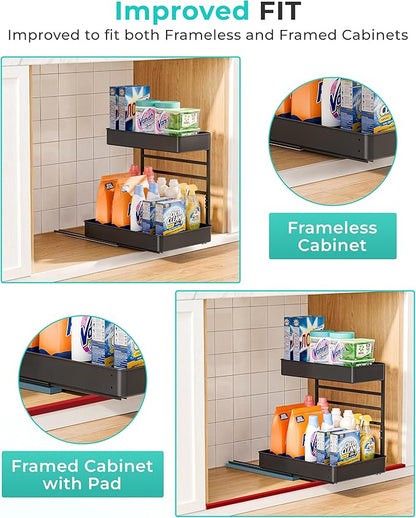 EVERIE Height Adjustable 2 Tier Metal Pull Out Slide Shelf Organizer for Under Sink Cabinets in Kitchen, Bathroom, with Snap-on Top Tray, 16" Deep (Black, 2 Sets) | Pull Out, Slide Shelf