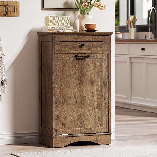 AHB 13 Gallons Tilt Out Trash Cabinet Hidden Trash Can Cabinet Freestanding Garbage Recycling Cabinet with Hideaway Drawer Pet Proof Trash Bin for Kitchen Living Room, Vintage Oak