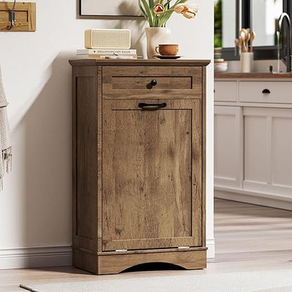 AHB 13 Gallons Tilt Out Trash Cabinet Hidden Trash Can Cabinet Freestanding Garbage Recycling Cabinet with Hideaway Drawer Pet Proof Trash Bin for Kitchen Living Room, Vintage Oak