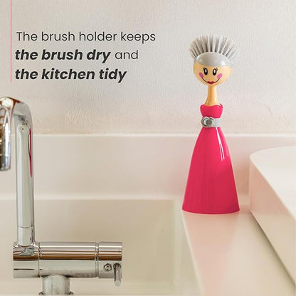 Vigar Dolls Dish Brush with Handle and Holder - Dish Scrubber Brush for Dishes and Pans, Kitchen Scrub Brush, Dishwashing Brush for Kitchen Sink Cleaning, Cute Standing Dish Brush Design - Pink, Gray