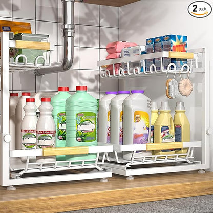 Sevenblue 2 Packs Under Sink Organizer, Height Adjustable 2 Tier Under Kitchen Sink Organizer, Multi-Purpose Storage Shelf for Kitchen Bathroom Cabinet