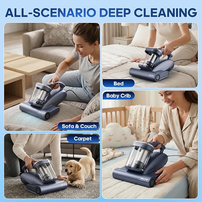 Belife M11 Mattress Vacuum Cleaner, 18Kpa 500W Handheld Bed Vacuum with UV & Hot Air, Dual Cyclone HEPA Filtration High-Frequency Tapping for Deep Cleaning Dust, Pet Hair Sofa Pillows, Corded