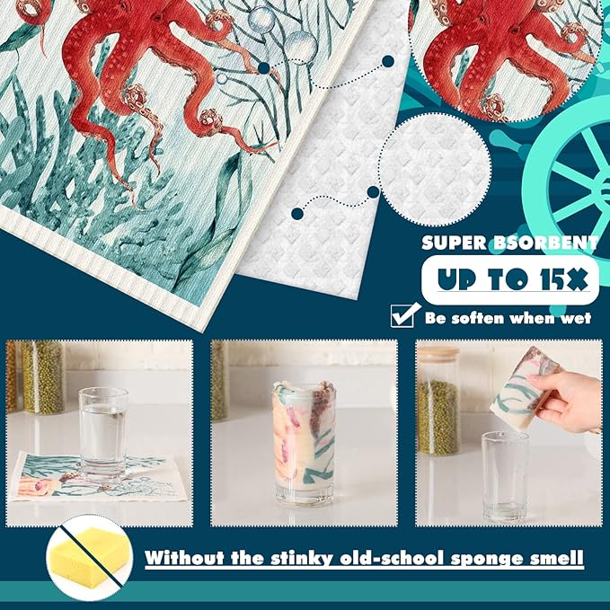 Cunhill 6 Pcs Swedish Kitchen Dish Cloths Kitchen Towels Reusable Sponge Cleaning Cloths Wipes Absorbent Dish Cloth Quick Drying Washable Decorative Tea Towels No Odor Bar Hand Towel (Ocean Animal)