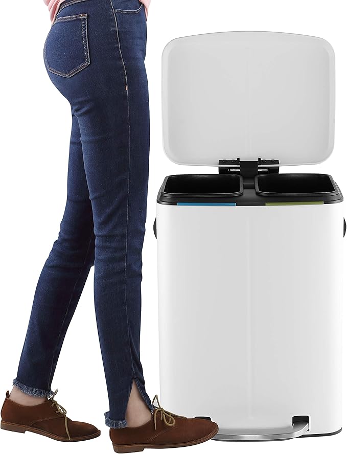 happimess HPM1005C Marco Rectangular 10.6-Gallon Double Bucket Trash Can with Soft-Close Lid, White, Fingerprint Resistant, Modern, Minimalistic for Home, Kitchen, Office, Bedroom, Bathroom