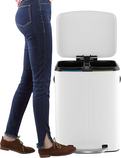 happimess HPM1005C Marco Rectangular 10.6-Gallon Double Bucket Trash Can with Soft-Close Lid, White, Fingerprint Resistant, Modern, Minimalistic for Home, Kitchen, Office, Bedroom, Bathroom