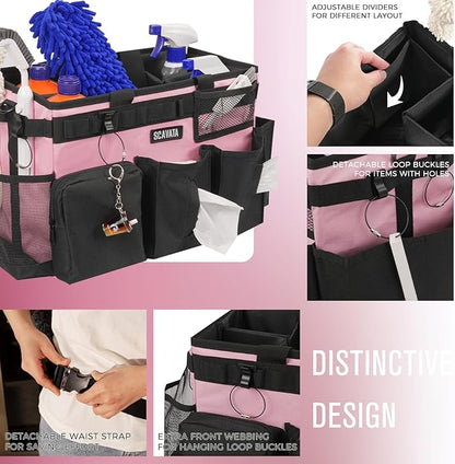 SCAVATA Wearable Cleaning Caddy Bag, Cleaning Caddy Supplies Organizer with Handle & Shoulder Straps for Housekeepers, Under Sink & Car Cleaning Tool Organizers with 4 Foldable Divider (SweetPink)