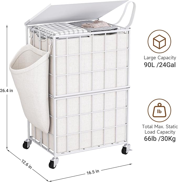 90L Laundry Basket with Wheels, Large Capacity Laundry Hamper with Removable Liner Bags, Heavy Duty Laundry Sorter with Solid Wood Lid & Leather Handles, White