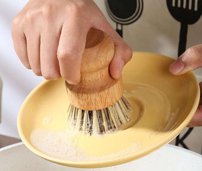 Dish Scrub Brush,Palm Pot Brush. Set of 3 Packs,Kitchen Mini Dish Brush,Palm Pot Brush,Bamboo with a Rubberwood Handle Cleaning Kit for Skillet,Washing Dishes,Vegetables,Pots, Pans.