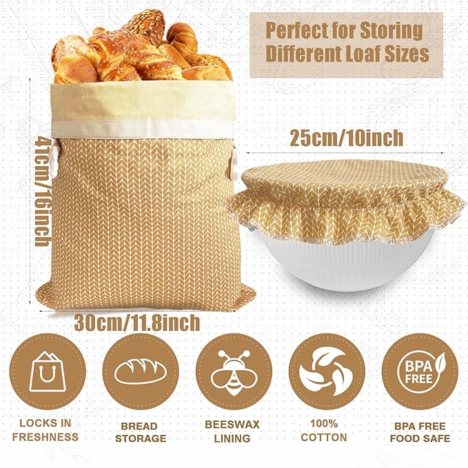 Beeswax Bread Bags,Bread Bag for Homemade Bread With Cotton Bowl Cover,Freezer Storage Bag to Keep Fresh,Sourdough Bread Food Bag Baking Set