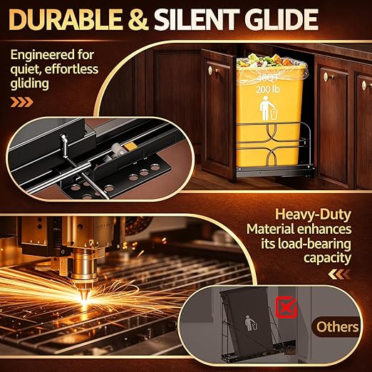Pull Out Trash Can Under Cabinet with Soft-Close Slides, Heavy-Duty 200LB Black Under Sink Trash Can Organizer for Kitchen, Fits Minimum Cabinet Opening 12" W x 17" D, Garbage Can Not Included
