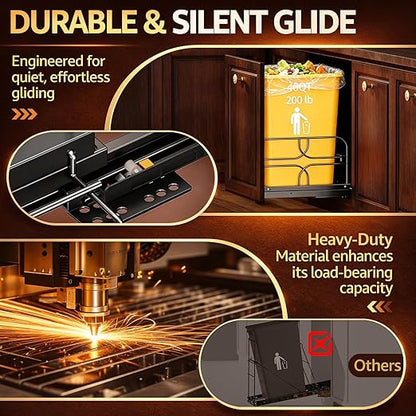 Pull Out Trash Can Under Cabinet with Soft-Close Slides, Heavy-Duty 200LB Black Under Sink Trash Can Organizer for Kitchen, Fits Minimum Cabinet Opening 12" W x 17" D, Garbage Can Not Included