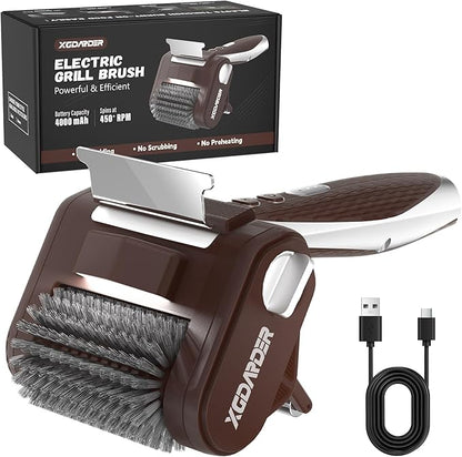 Electric Grill Brush for Outdoor Grill, Rechargeable BBQ Grill Cleaner Stainless Steel Brush with 450RPM Stainless Roller,LED Light, Scraper,Grilling Gifts for Men/Dad