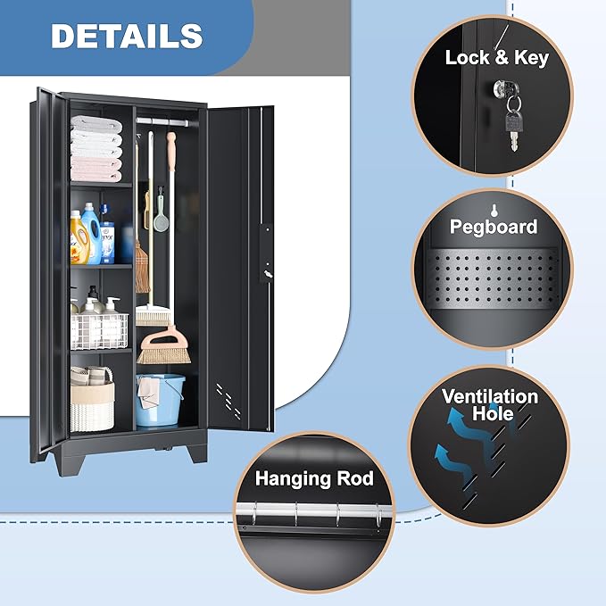 VASAAOSD 61" Broom Closet Storage Cabinet, Metal Storage Cabinet with Doors, Utility Cabinets for Brooms and Mops, Cleaning Tool Cabinets for Garage, Laundry Room, Bathroom