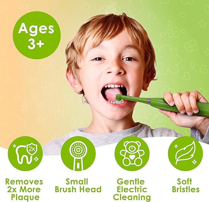 Brusheez Kids’ Electric Toothbrush Set - Safe & Effective for Ages 3+ - Parent Tested & Approved with Gentle Bristles, 2 Brush Heads, Rinse Cup, 2-Minute Timer, & Storage Base (Snappy the Croc)