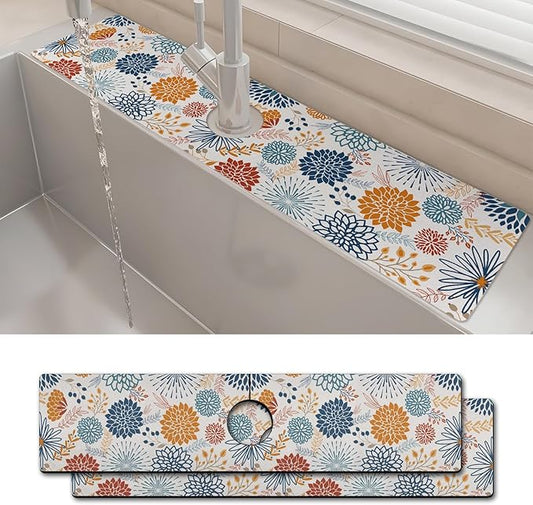 2PCS 24" X 5.5" Kitchen Sink Splash Guard Faucet Mat Mandala Super Absorbent Fast Drying Faucet Guard & Draining Mat Sink Splash Guard Behind Faucet for Kitchen, Bathroom