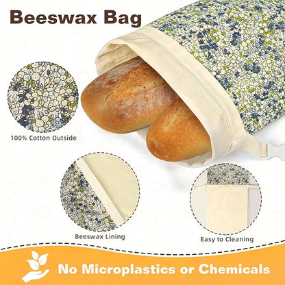 2 Pack XL Reusable Beeswax Bread Bags for Sourdough Baking, Organic Waxed Lined, Cotton Bread Bags for Homemade Bread, Food-Storage Bag to Keep Fresh
