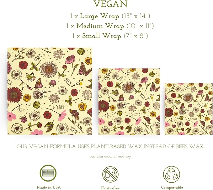 Bee's Wrap Vegan Beeswax Wraps for Food - 3 Pack of Assorted Beeswax Wraps - Small, Medium & Large Wrap - Plastic Free Made in USA Reusable Natural Food Wrap - Meadow Magic Print