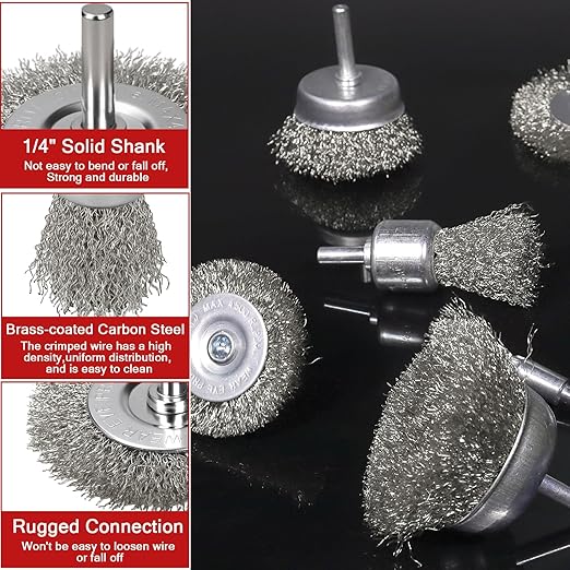 11 Pcs Metal Carbon Steel Wire Wheel for Drill Set,Wool Brush Drill Attachment for Removing Paint and Rust with 1/4" Round Shank