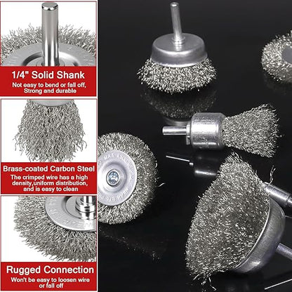 11 Pcs Metal Carbon Steel Wire Wheel for Drill Set,Wool Brush Drill Attachment for Removing Paint and Rust with 1/4" Round Shank