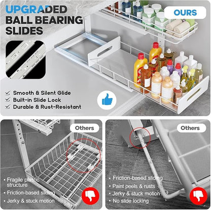 Under Sink Organizer Upgrade To Professional Rails,2-Tier Dual Pull Out Cabinet Storage,Height Adjustable Slide Out Drawers For Bathroom Kitchen,1 Pack-21"Dx12.8"-16.9"H,White
