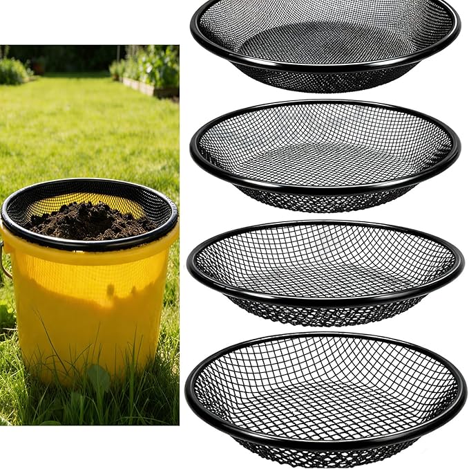 QwayHome 4Pcs Soil Sifter for Gardening, Heavy Duty Galvanized Steel Screen with 4 Aperture Sizes (2/4/6/8mm), Rust-Resistant Sifter Fits 5 Gallon Bucket for Compost, Dirt, Sand,Rock & Shell Sifting