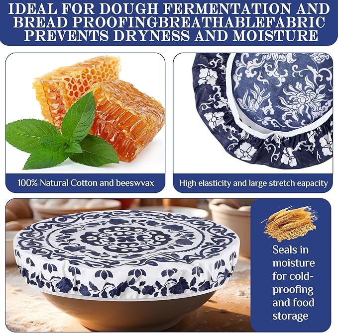 Hahafelt 4 Pcs Beeswax Bowl Covers Reusable Bowl Covers for Bread Proofing 10 Inch Elastic Cotton Cloth Sourdough Caps Stretchy Food Caps Leakproof Fresh for Dough Proofing and Food Storage(Retro)
