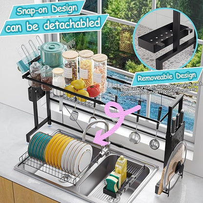 Over the Sink Dish Drying Drainer Rack - Height & Width Adjustable Large Capacity Stainless Steel Kitchen Storage Organization Plate Strainers Above Kitchen Counter (W24.4-38.2" ~ H17.7-22.1" Black)