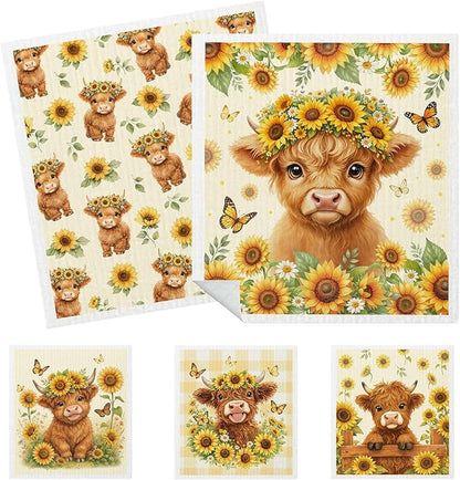 5 Pack Mixed Highland Cow Swedish Kitchen Dishcloths Dish Towels, Floral Highland Cow Dish Towels for Kitchen, Swedish Dishcloth, Paper Towels Reusable, Dish Cloth Towel Cleaning Wipe for Home