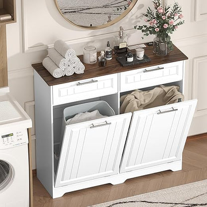 Double 10 Gallon Tilt Out Trash Can Cabinet with Deodorizing Function and Power Outlet, Wooden Hidden Garbage Can Holder with 2 Storage Drawers for Kitchen, Laundry Hamper Cabinet for Bathroom, White