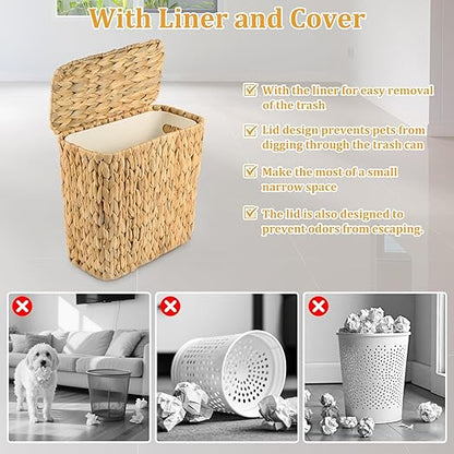Wicker Trash Can with Lid and Liner, Handwoven Wicker Waste Basket, Water Hyacinth Bathroom Trash Can, Boho Rattan Garbage Wastebasket for Bedroom Home Living Room Office Kitchen, 2.5 Gallon