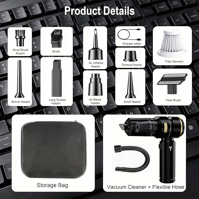 Handheld Car Vacuum Cordless, 16000Pa High Power Vacuum Cleaner and Air Duster, 2026 Upgrade 4-in-1 Portable Vacuum with 10 Multi-Nozzles for Small Jobs, Car, Home, Desk, Keyboards
