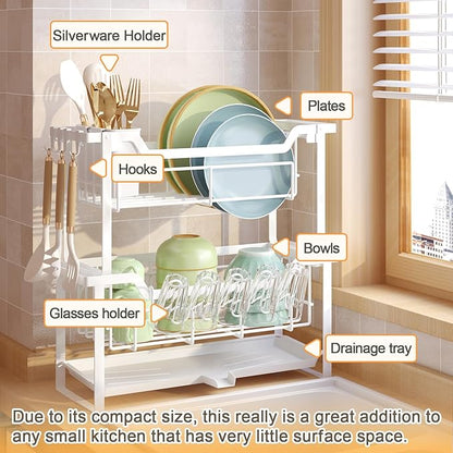 Dish Rack with Drainboard, Organizes Dishes and Bathroom Items for Narrow Spaces, Two-Story Drying Rack Fits 12 Plates 12 Bows 5 Glasses 4 Hooks and Some Cutlery, White