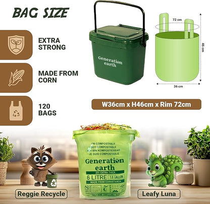 120 Bags 1.6 Gallon (6L) | Tie Handle Compostable Food Waste Bags | BPI Certified Kitchen Countertop Compost Bin Liners | Extra Strong Biodegradable Caddy Bags | Generation earth