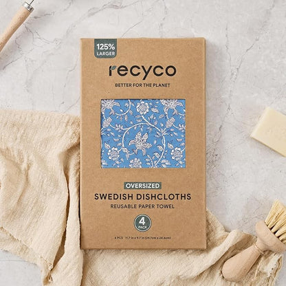 RECYCO Swedish Dishcloths for Kitchen | 4 Pack Oversized Washable Dish Rags | Large Cellulose Reusable Cleaning Paper Towels | Absorbent Counter Dish Cloth Sponge XL Kitchen Wipes, 12" L x 10" W