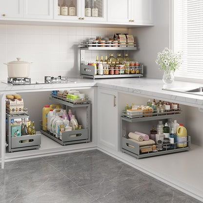 Under Sink Organizer Upgrade To Professional Rails,2-Tier Dual Pull Out Cabinet Storage,Height Adjustable Slide Out Drawers For Bathroom Kitchen,1 Pack-18.5"Dx12.8"-16.9"H,Gun Gray