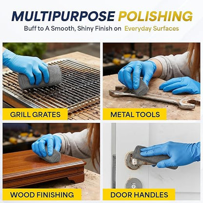 Steel Wool Cleaning & Polishing Kit, 6Pcs 00 & 6Pcs 0000 Steel Wool Pads with Brush, 2 Microfiber Cloths & 12 Pairs Nitrile Gloves, 0000 Steelwool for Wood, Metal, Cookware, Grill & Tools