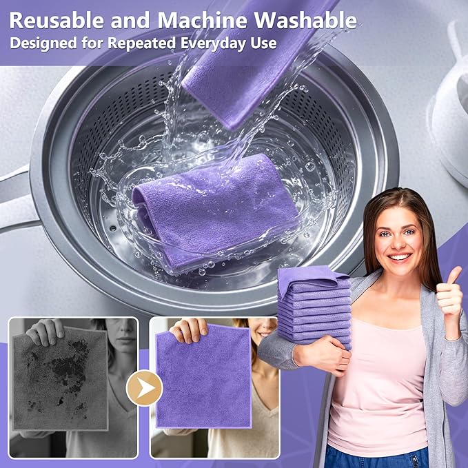 Kitchen Dish Cloths, 12 Pack, 10 x 10 Inches, Coral Velvet Kitchen Towels, Soft Lint Free Reusable Dish Cloths for Dishes, Tables and Household Cleaning, Purple
