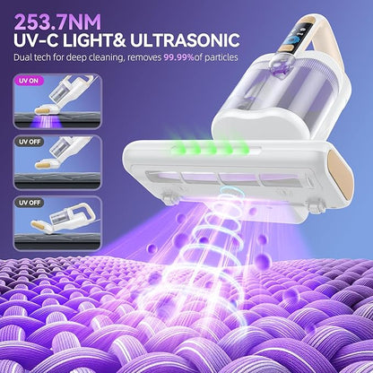 Mattress Vacuum Cleaner, 20Kpa Suction Bed Vacuum Cleaner with 253.7nm UV-C Light, 140°F Heated Air, 30000 RPM Brushroll, 40,000Hz Ultrasonic, HEPA Filter, for Bed, Sofa, 500W Corded (White)